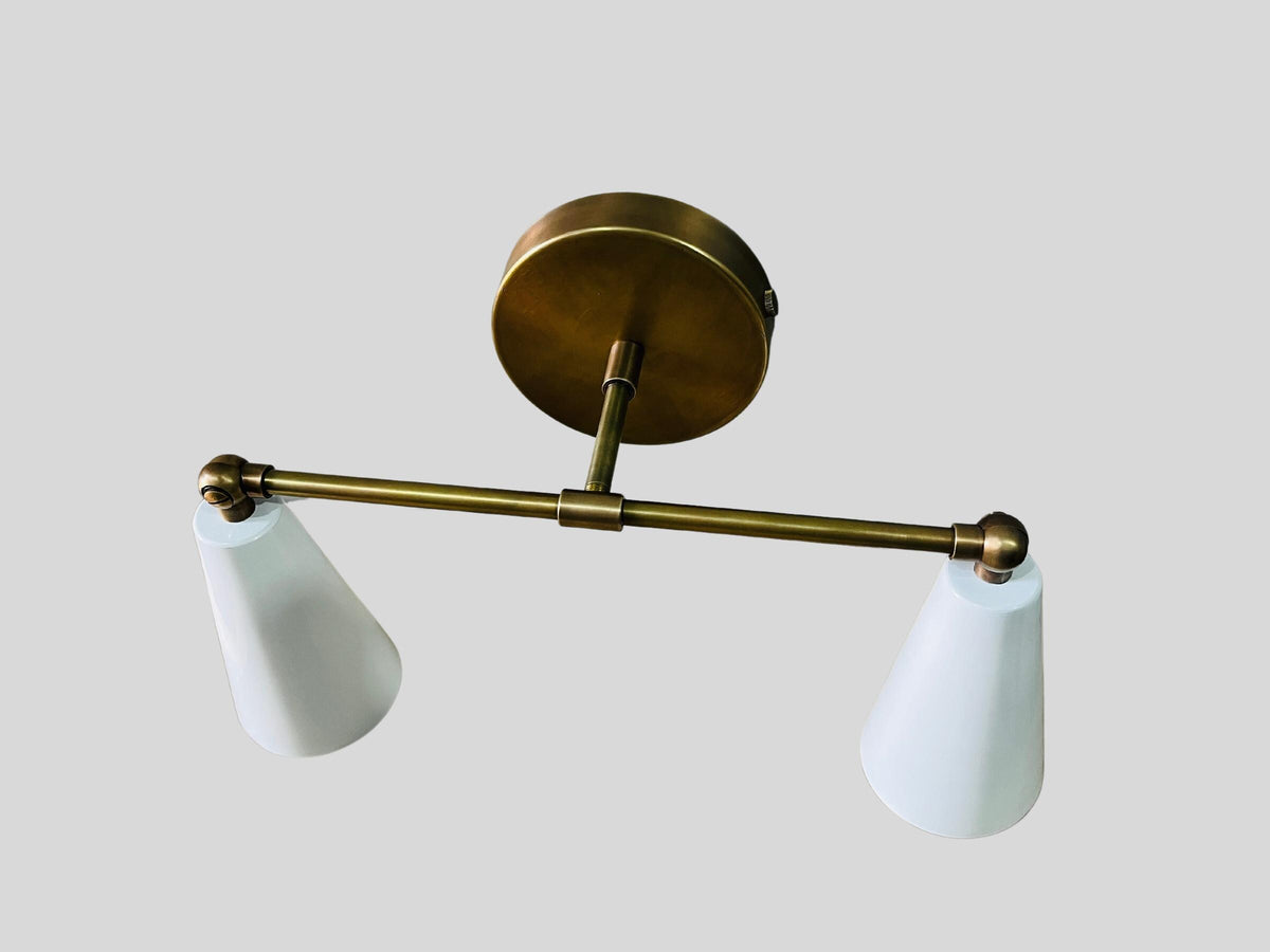 Mid Century Wall Sconce, White Cone Shade, Raw Brass Finish