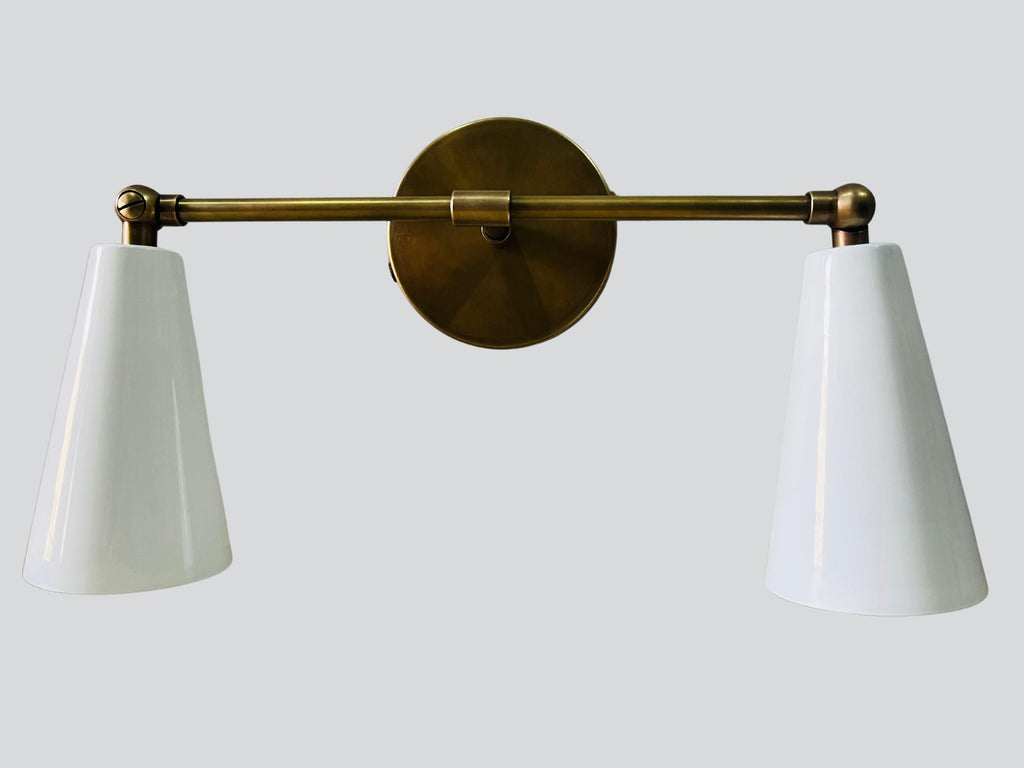 Mid Century Wall Sconce, White Cone Shade, Raw Brass Finish