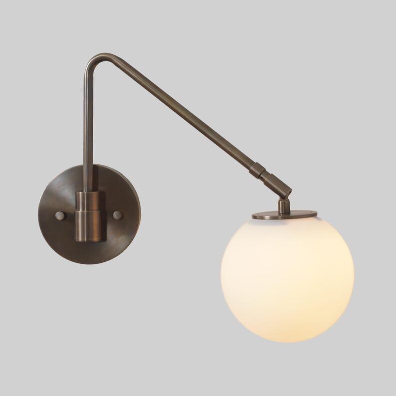 Mid-Century Brass Swing Arm Wall Sconce - Glass Globe Bedside Lamp