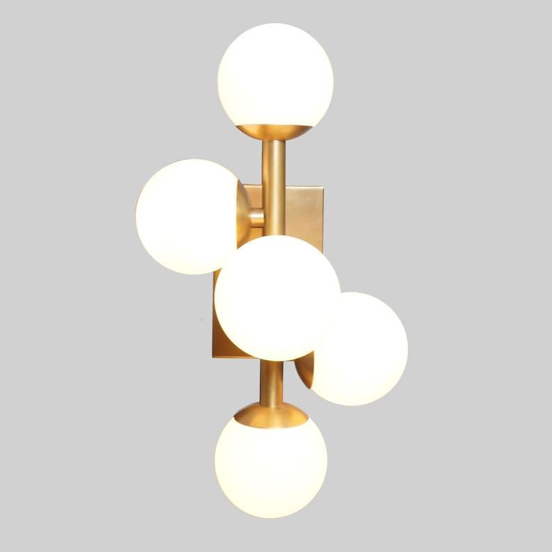 Mid Century Raw Brass Sputnik Wall Sconce – Five Glass Globe Light