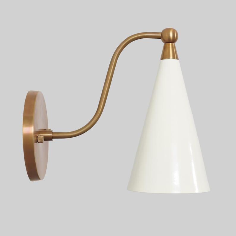 Mid Century Modern Brass Wall Sconce, Cream Shade
