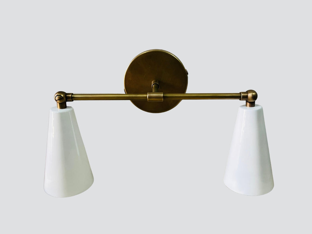 Mid Century Wall Sconce, White Cone Shade, Raw Brass Finish