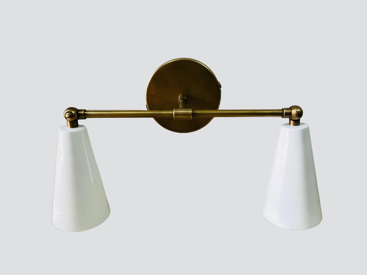 Mid Century Wall Sconce, White Cone Shade, Raw Brass Finish