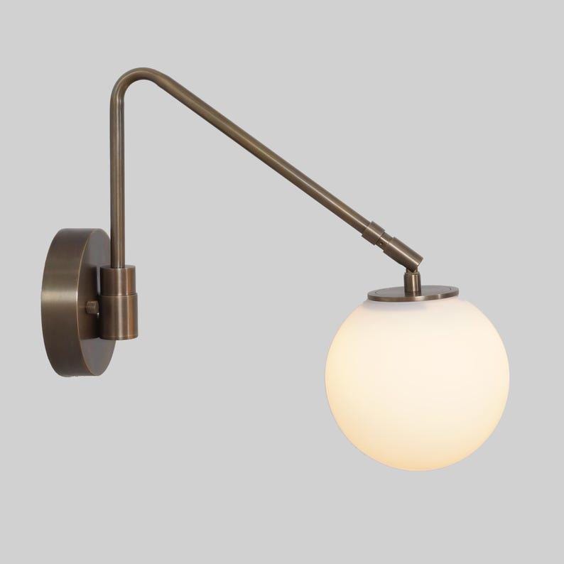 Mid-Century Brass Swing Arm Wall Sconce - Glass Globe Bedside Lamp
