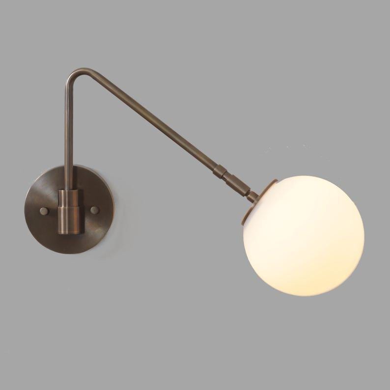 Mid-Century Brass Swing Arm Wall Sconce - Glass Globe Bedside Lamp