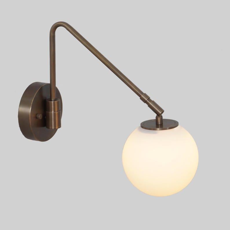 Mid-Century Brass Swing Arm Wall Sconce - Glass Globe Bedside Lamp