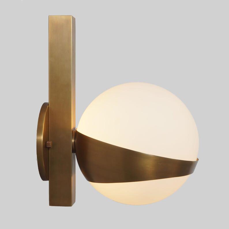 Mid-Century Modern Brass Wall Sconce – Glass Globe Bedside Lamp