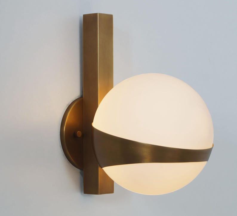 Mid-Century Modern Brass Wall Sconce – Glass Globe Bedside Lamp