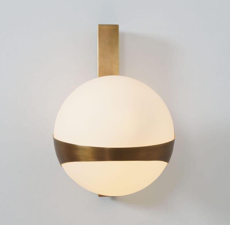 Mid-Century Modern Brass Wall Sconce – Glass Globe Bedside Lamp