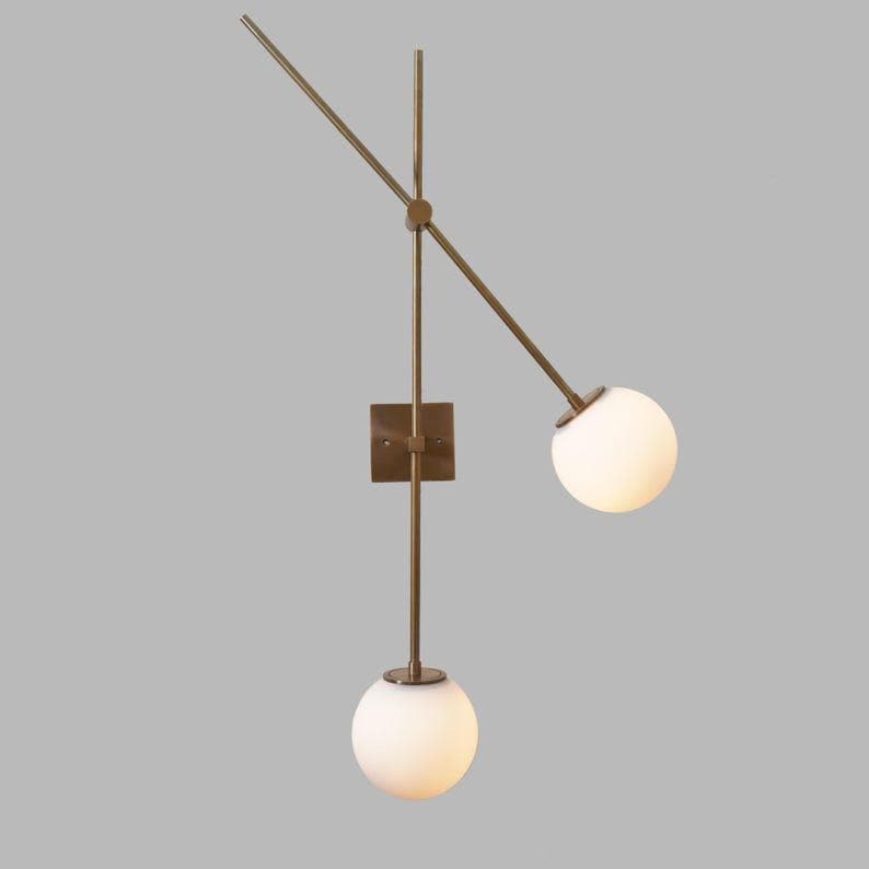 Mid Century Brass Sputnik Wall Sconce, Two Glass Globe Light