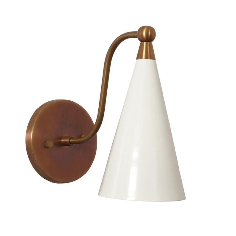 Mid Century Modern Brass Wall Sconce, Cream Shade