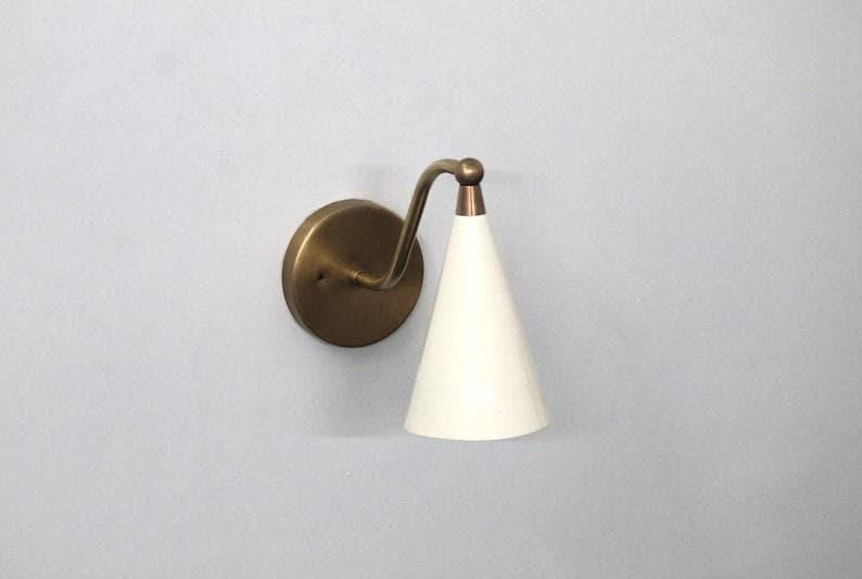 Mid Century Brass Wall Sconce - Matte White Cone Shade