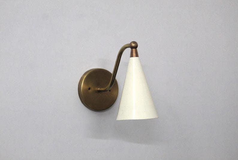 Mid Century Brass Wall Sconce - Matte White Cone Shade