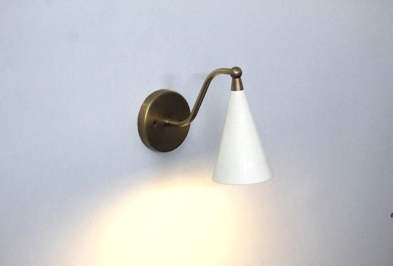 Mid Century Brass Wall Sconce - Matte White Cone Shade