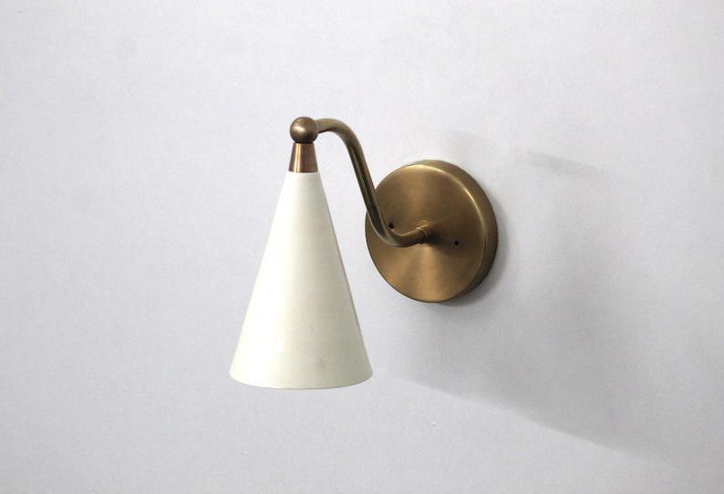 Mid Century Brass Wall Sconce - Matte White Cone Shade