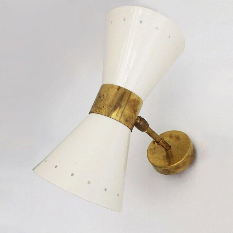 Italian Stilnovo Diablo Wall Sconce Pair, Raw Brass & White