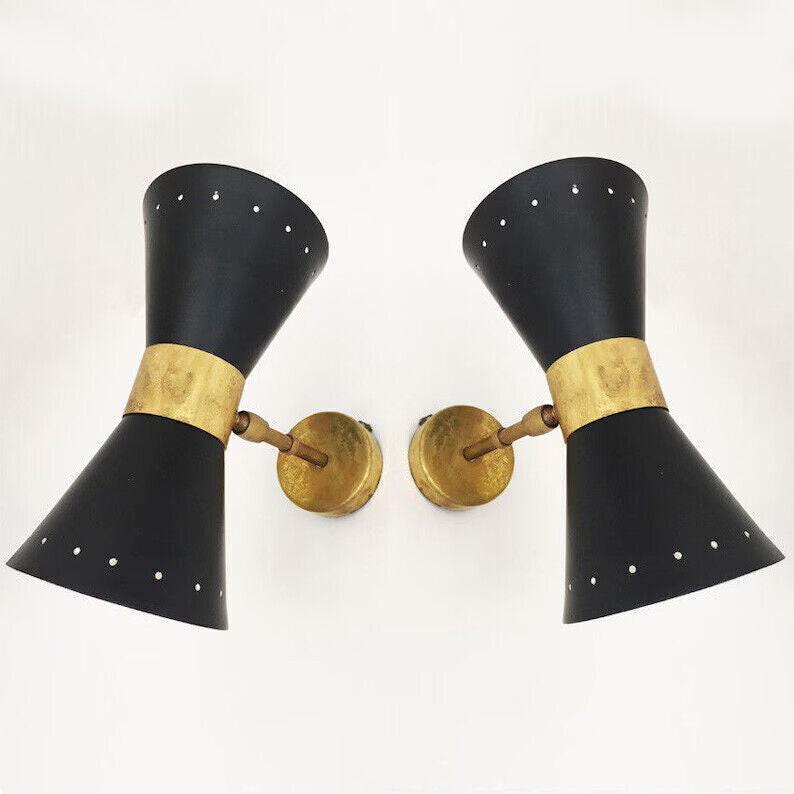 Italian Style Wall Light Pair, Matte Black and Raw Brass, Mid Century Modern