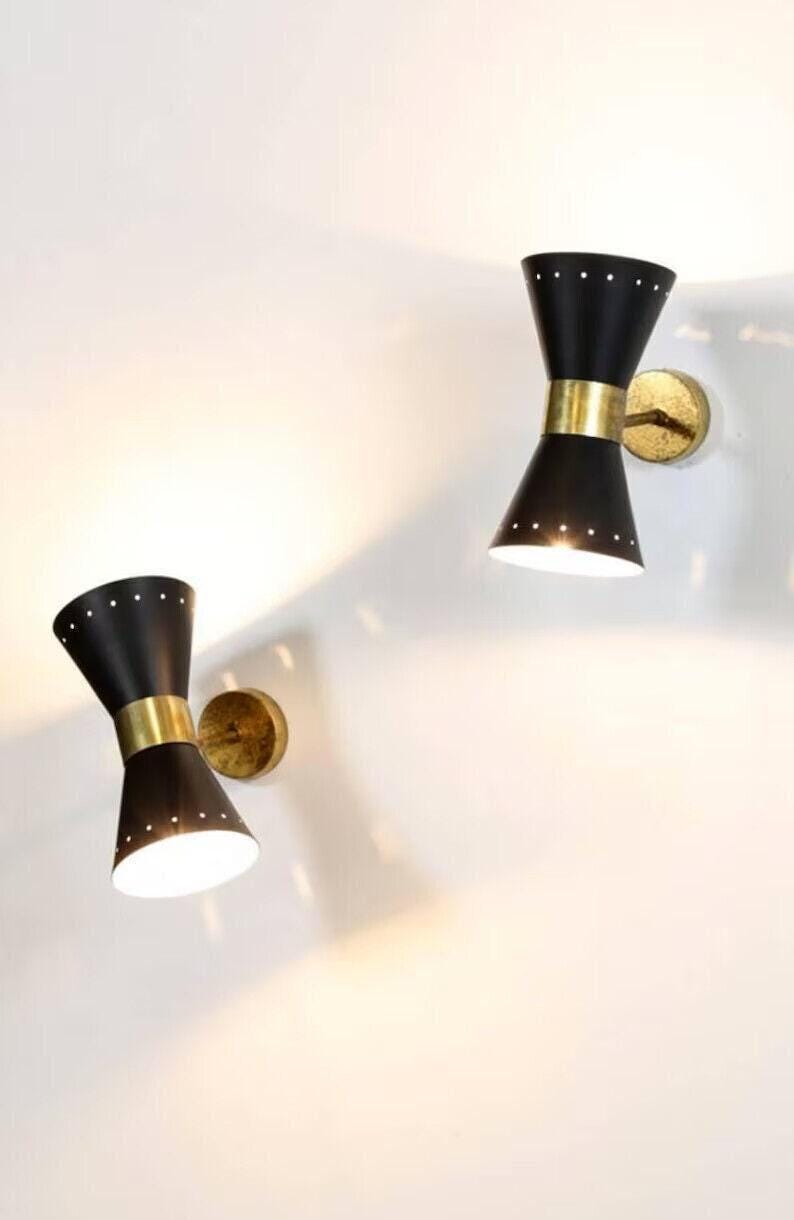 Italian Style Wall Light Pair, Matte Black and Raw Brass, Mid Century Modern