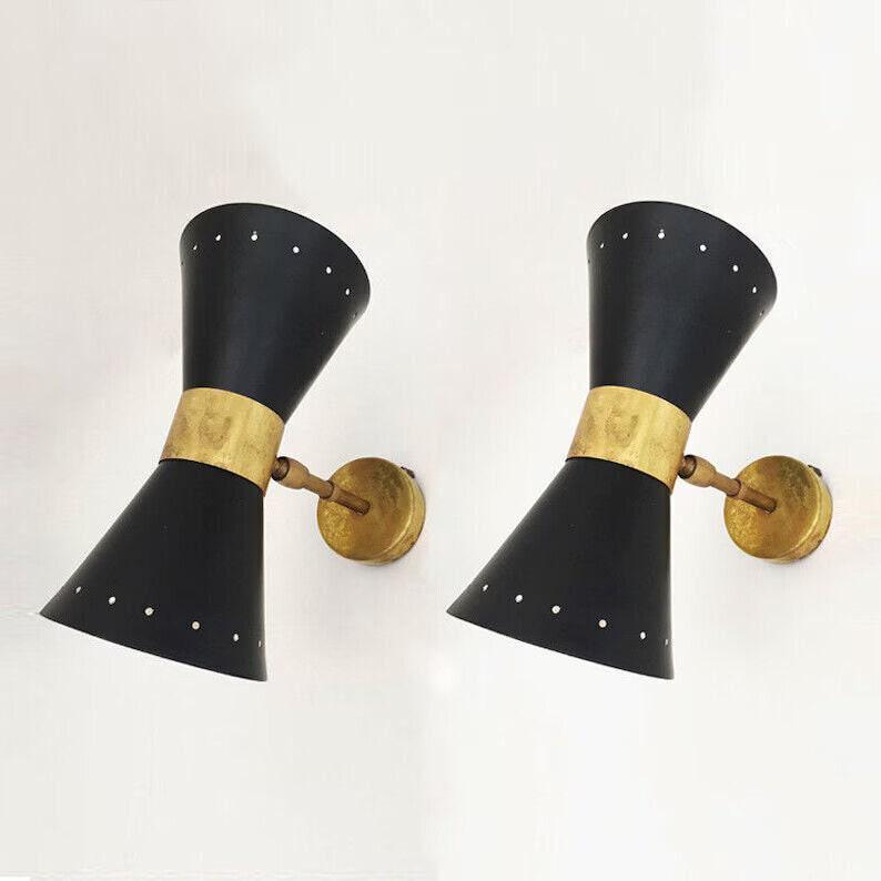 Italian Style Wall Light Pair, Matte Black and Raw Brass, Mid Century Modern