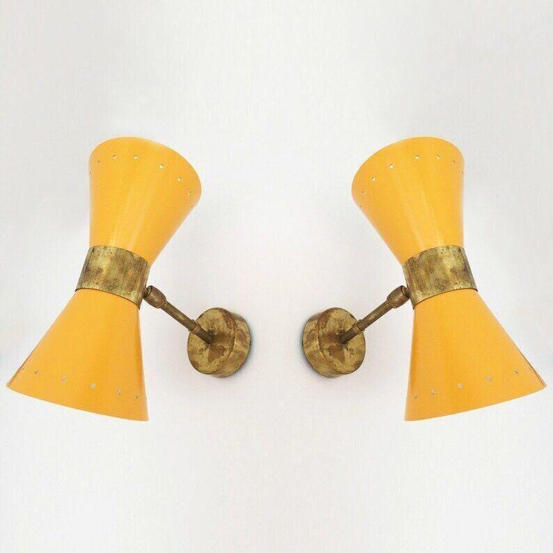 Italian Stilnovo Diablo Wall Light Pair, Yellow Brass Finish