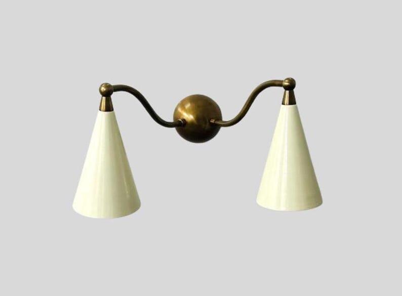 Mid Century Italian Wall Sconce – Raw Brass, White Cone Shade