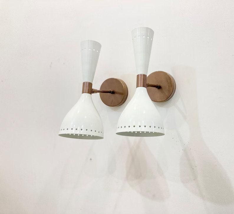 Mid Century Raw Brass Twin Bulb Wall Sconce with White Shades