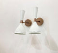 Mid Century Raw Brass Twin Bulb Wall Sconce with White Shades