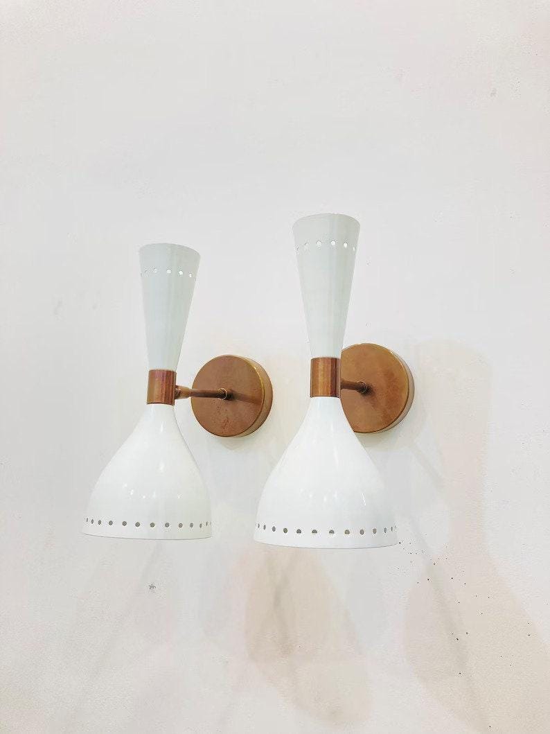 Mid Century Raw Brass Twin Bulb Wall Sconce with White Shades