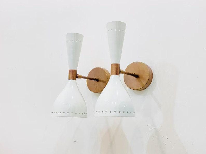 Mid Century Raw Brass Twin Bulb Wall Sconce with White Shades