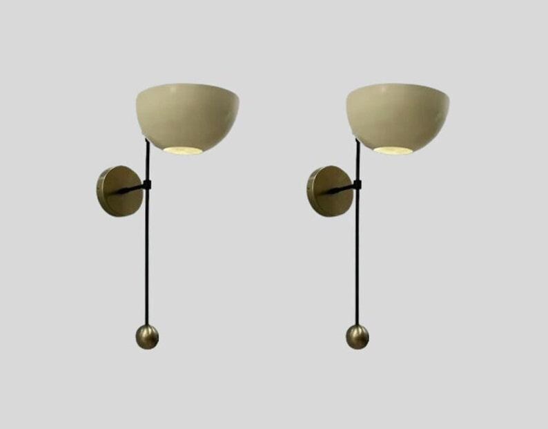 Mid Century Brass Wall Sconce Pair – Raw Brass & Matte White Shade