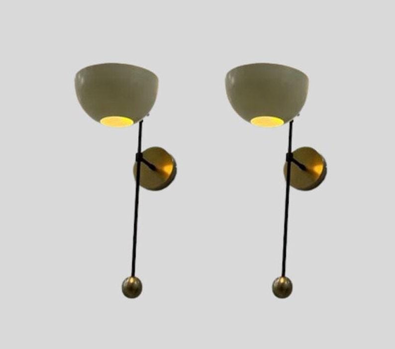Mid Century Brass Wall Sconce Pair – Raw Brass & Matte White Shade