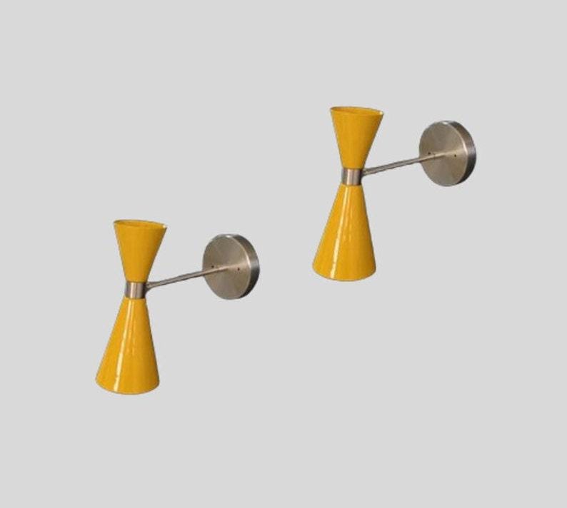 Mid Century Yellow Cone Wall Sconce Pair – Brushed Chrome Italian Lamps