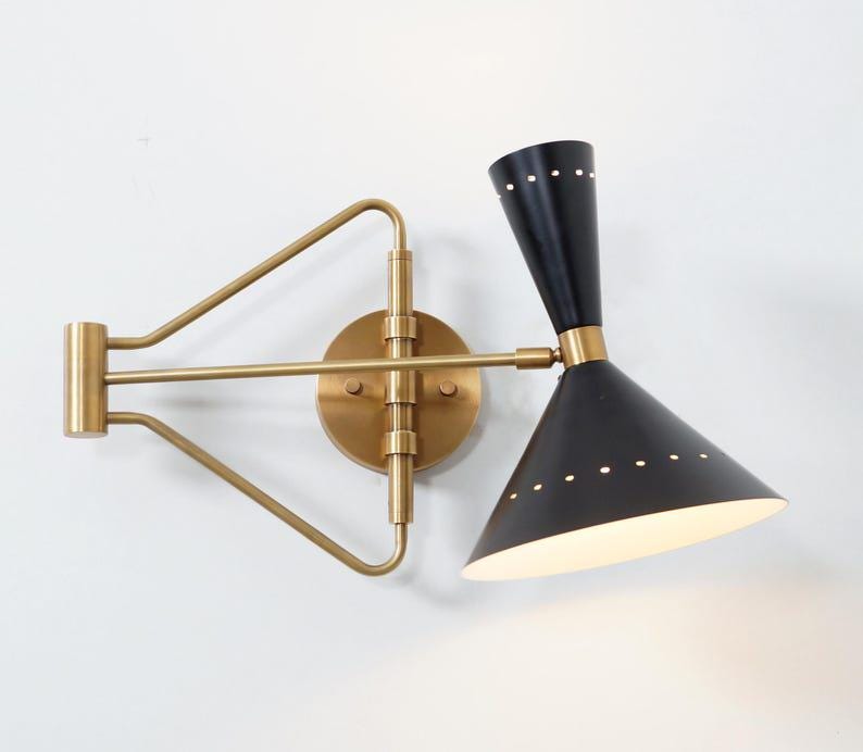 Mid Century Brass Articulated Wall Sconce, Single Shade