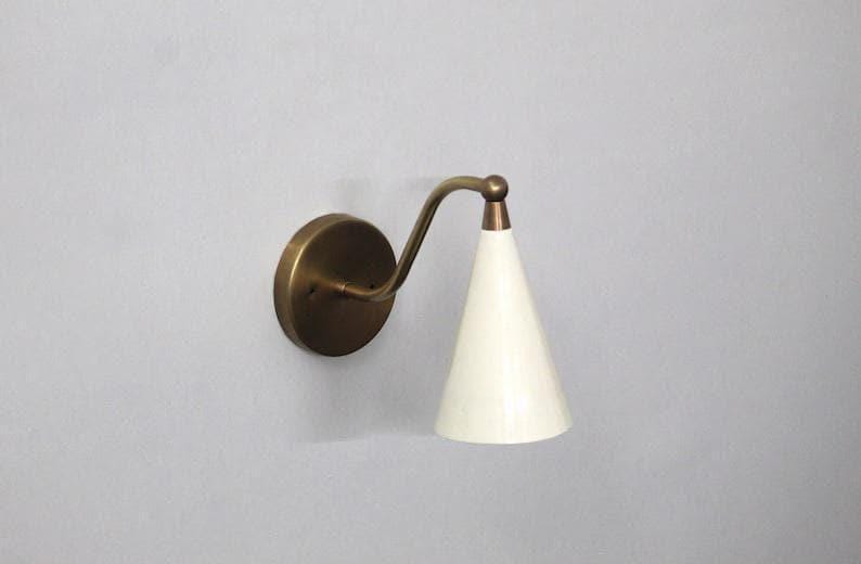 Mid Century Brass Wall Sconce - Matte White Cone Shade