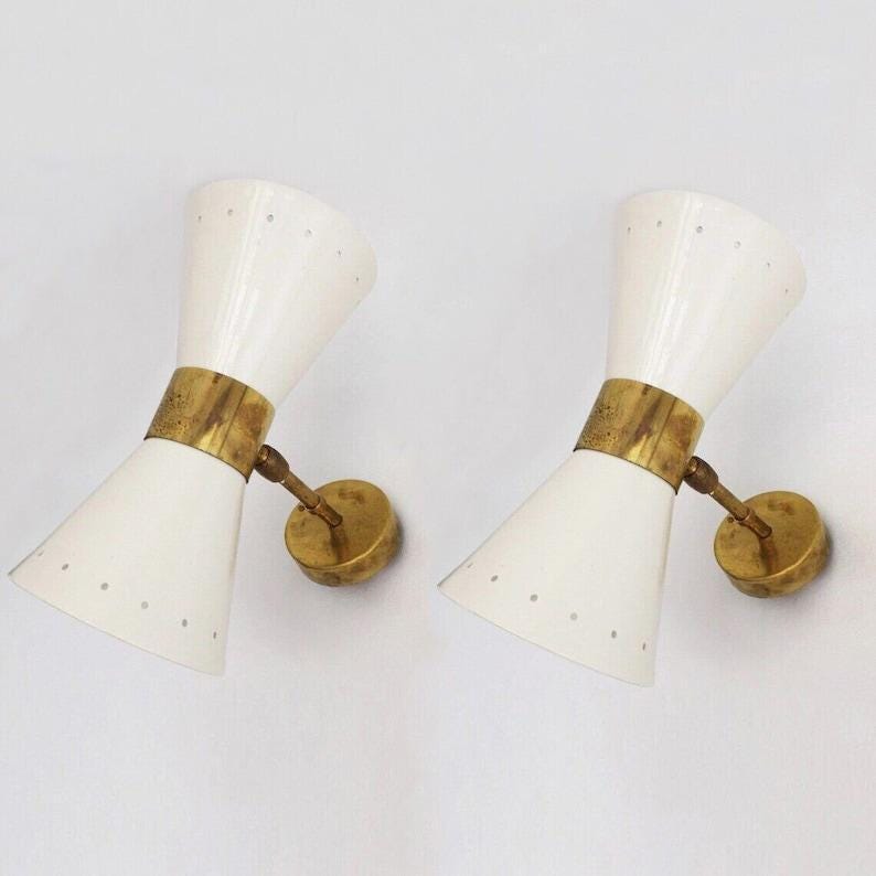 Italian Stilnovo Diablo Wall Sconce Pair, Raw Brass & White