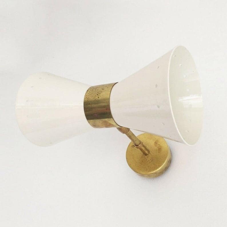 Italian Stilnovo Diablo Wall Sconce Pair, Raw Brass & White