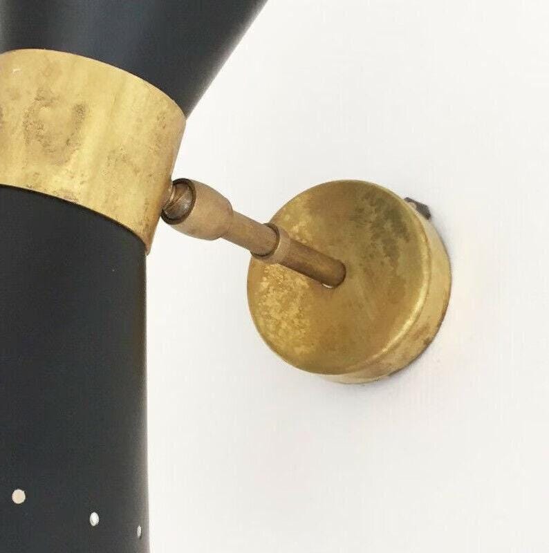 Italian Style Wall Light Pair, Matte Black and Raw Brass, Mid Century Modern