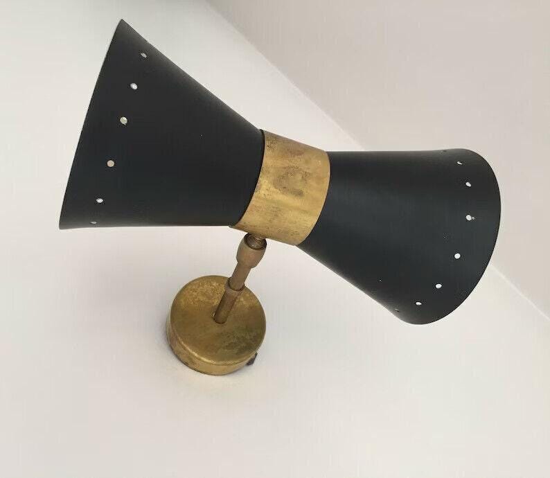 Italian Style Wall Light Pair, Matte Black and Raw Brass, Mid Century Modern