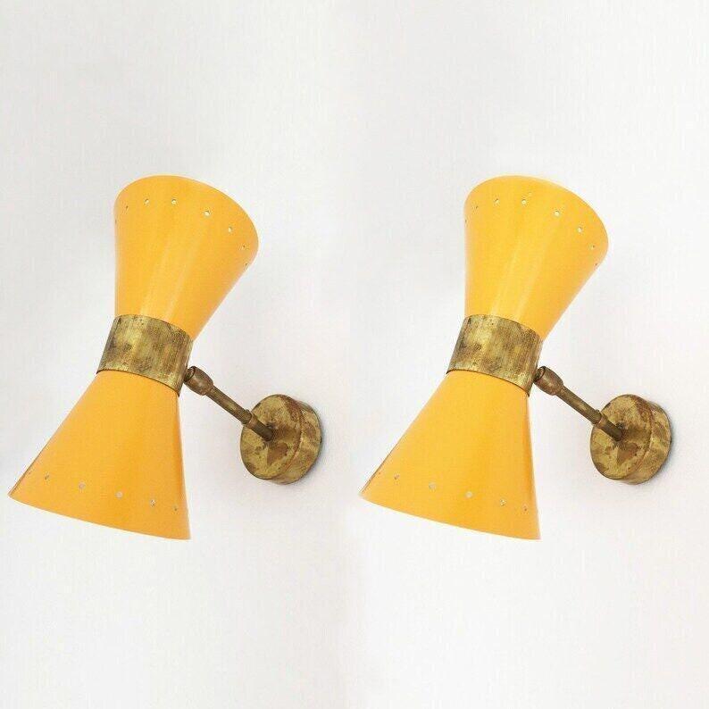 Italian Stilnovo Diablo Wall Light Pair, Yellow Brass Finish
