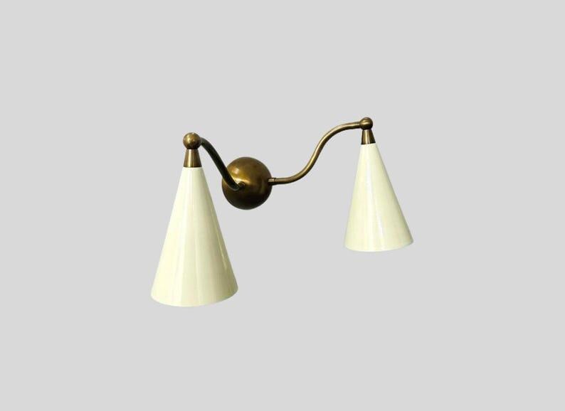 Mid Century Italian Wall Sconce – Raw Brass, White Cone Shade