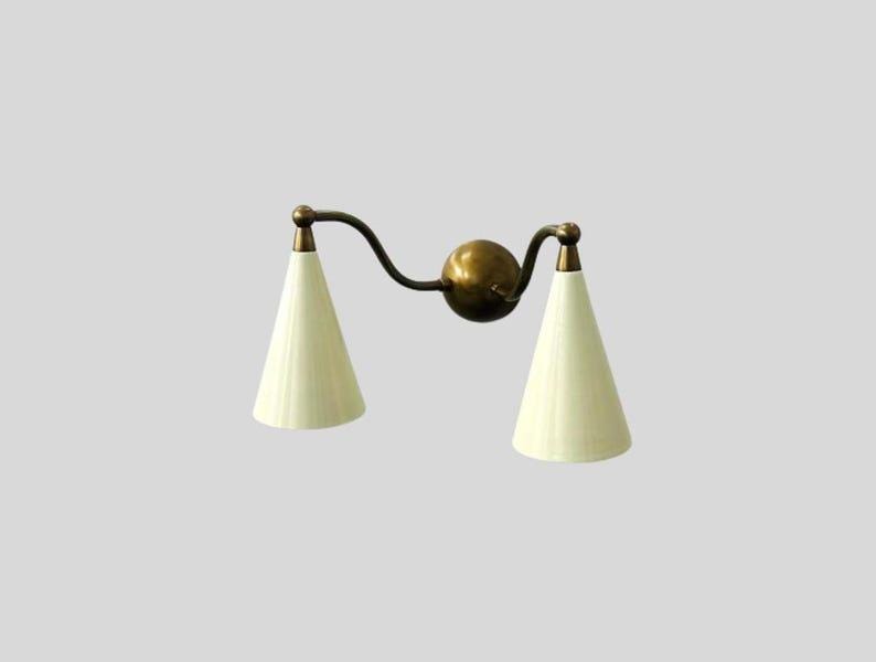 Mid Century Italian Wall Sconce – Raw Brass, White Cone Shade