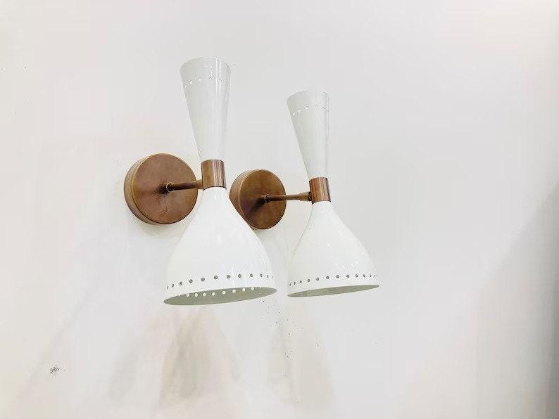 Mid Century Raw Brass Twin Bulb Wall Sconce with White Shades