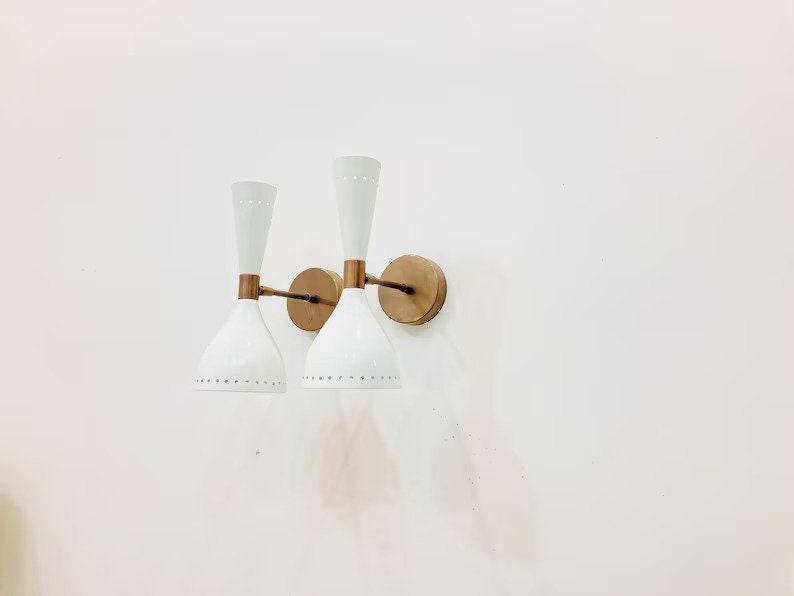 Mid Century Raw Brass Twin Bulb Wall Sconce with White Shades