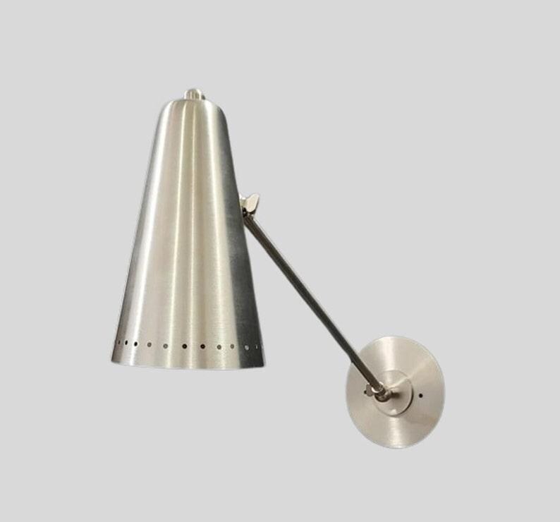 Pair Mid Century Italian Wall Sconce – Brushed Chrome Cone Shade