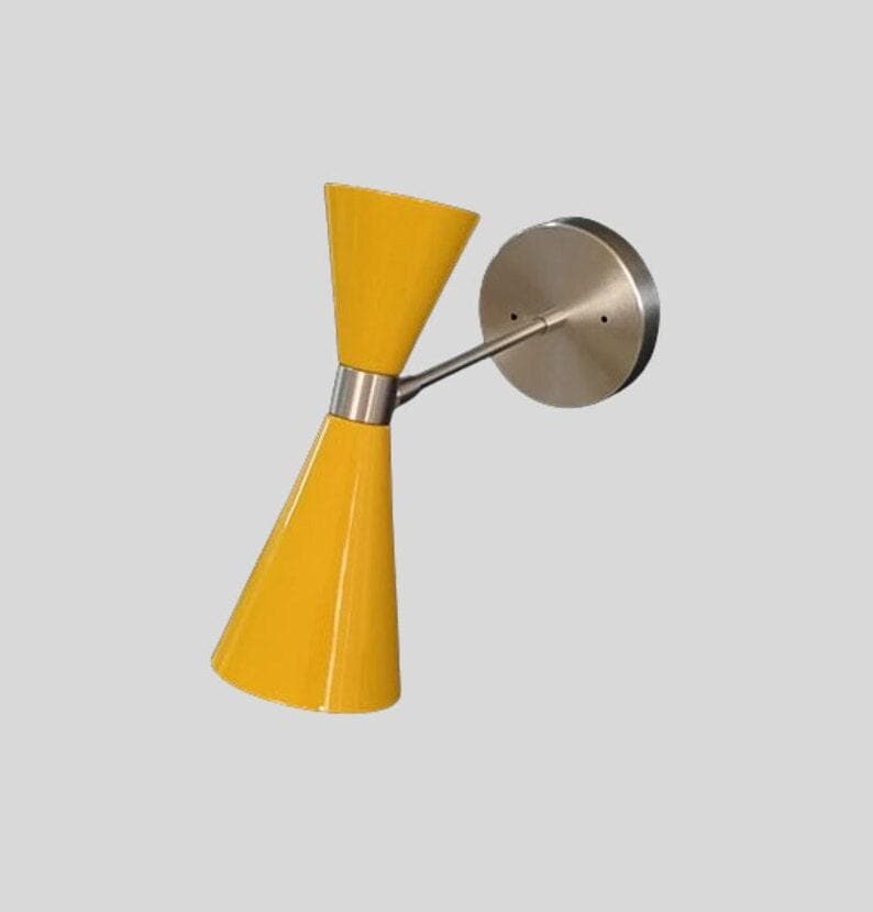 Mid Century Yellow Cone Wall Sconce Pair – Brushed Chrome Italian Lamps