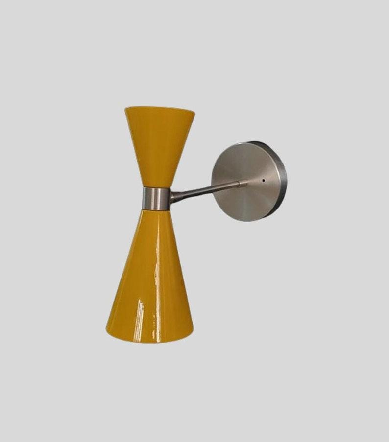 Mid Century Yellow Cone Wall Sconce Pair – Brushed Chrome Italian Lamps