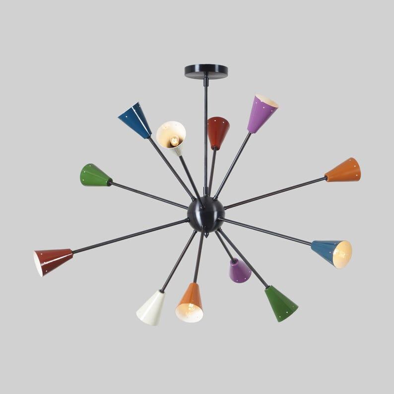 Multicolor Sputnik Chandelier, Twelve-Arm Starburst Light Fixture