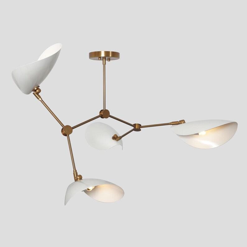 Brass Sputnik Chandelier with Curved Disk Shades - Stilnovo Style