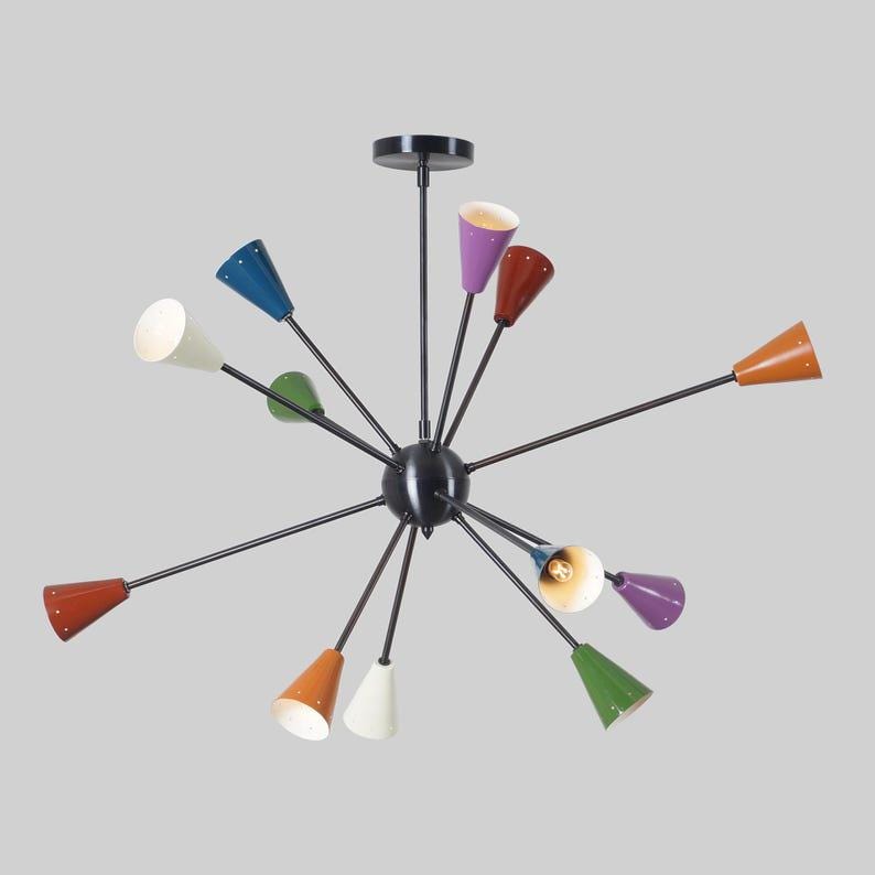Multicolor Sputnik Chandelier, Twelve-Arm Starburst Light Fixture