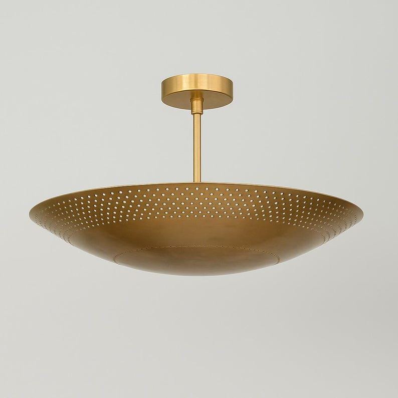 Mid Century Brass Pendant Light, Perforated Raw Brass Finish